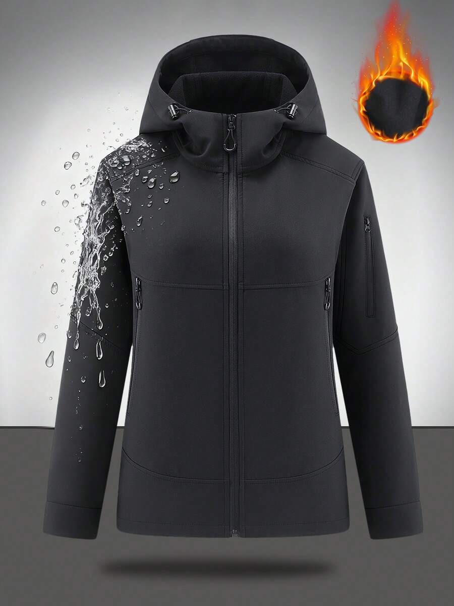 Women's Winter Thermal Lined Soft Shell Jacket – Thick Warm Waterproof Windproof Hooded Hiking Coat With Zip & Multi Pockets, Breathable Outdoor Trekking/Camping/Mountaineering Rain Gear, Skiing - Black - View 1