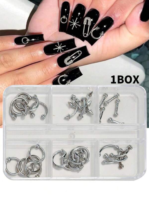 30 pezzi/scatola, set di 6 griglie di chiodini metallici, punte a cono punk Y2K, set di charm in lega metallica nera mista con frecce, decorazioni per unghie 3D, accessori per unghie cool per ragazze