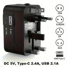 1pc Travel Adapter With 1 USB & 1 Type-C Charging Ports, Universal Travel Charger, Wall Charger AC Power Plug Adapter, US/EU/UK/AU Conversion Adapter, USB Charger, Type C Charger