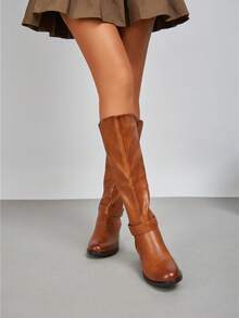 fandelle Fashionable Casual Retro Versatile Chunky Heel Side Zipper Women Boots - Camel - View 4