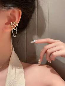 1 件夸张流苏仿珍珠水钻夹式耳环，适合情人节、狂欢节、毕业/返校季、日常佩戴 - 銀色 - 查看 15