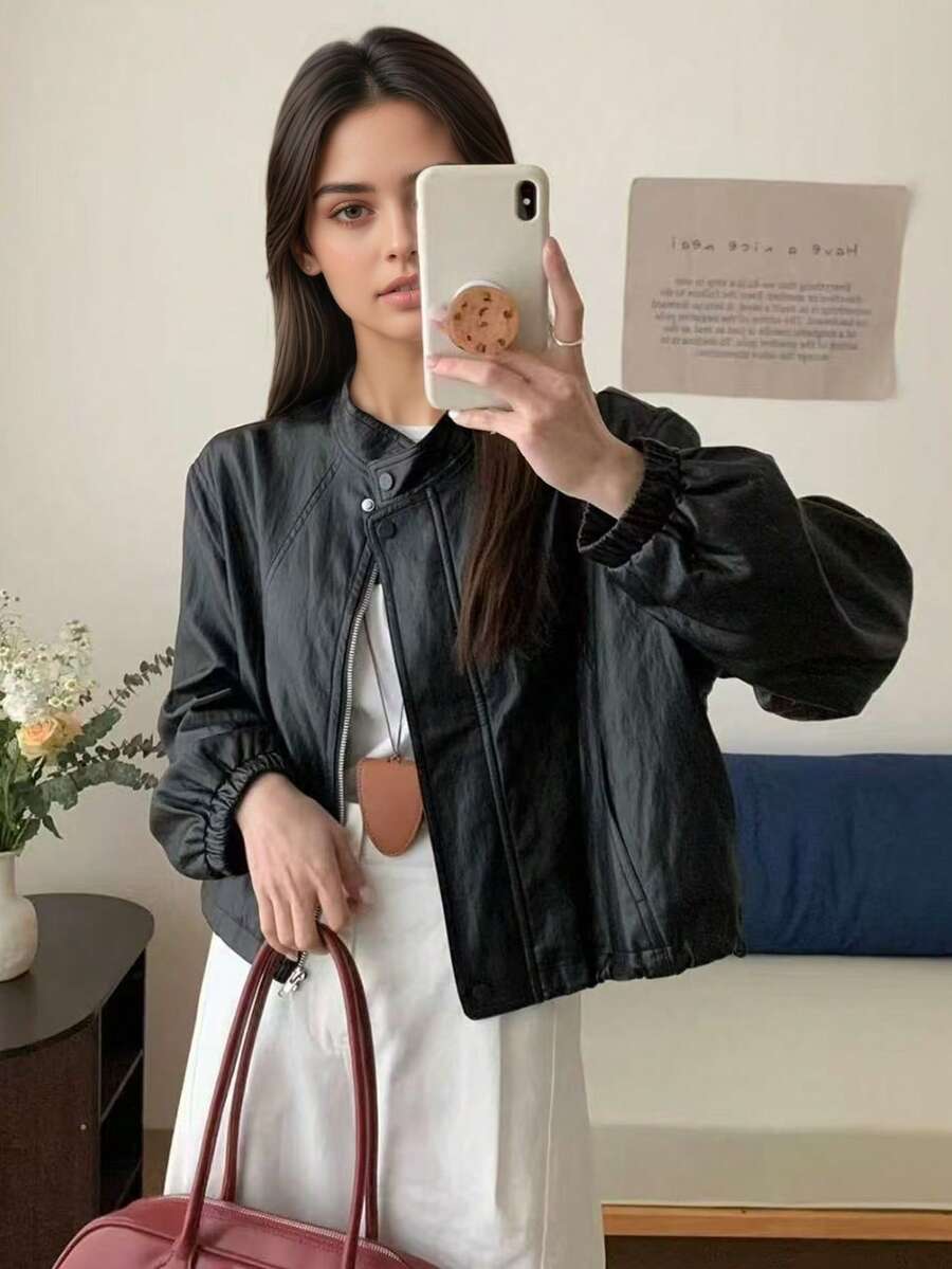 女士纯色前拉链休闲度假仿皮夹克 - 黑色 - 查看 1