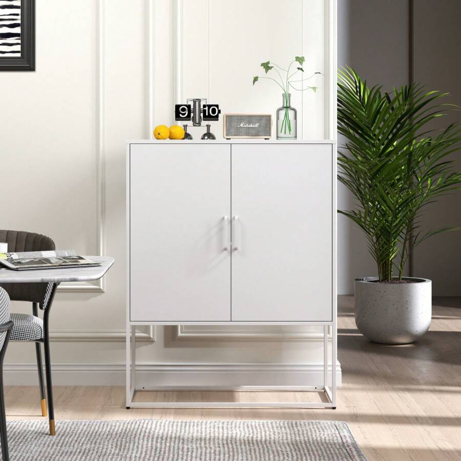 Metal Sideboard, Storage Cabinet – 2 Shelves, Freestanding Steel Cabinet, Magnetic Doors, Anti-Tip Lock, Living Room, Kitchen, Office, White, H 109 Cm * W 85 Cm * D 40 Cm - White + Metal + Modern - View 1
