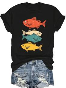 [Camiseta de Moda Casual] Camiseta de mujer suave y cómoda - Diseño de estampado de peces de colores Casual de manga corta y cuello redondo, regalo perfecto para la abuela y la mamá, uso casual de primavera y verano - Negro - Ver 1