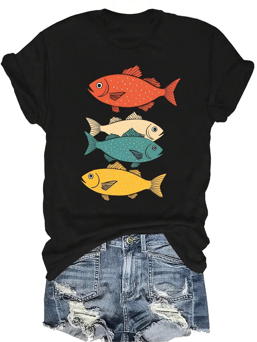 [Camiseta de Moda Casual] Camiseta de mujer suave y cómoda - Diseño de estampado de peces de colores Casual de manga corta y cuello redondo, regalo perfecto para la abuela y la mamá, uso casual de primavera y verano - Negro - Ver 1