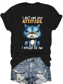 [Camiseta de Moda Casual] Camiseta de Mujer Suave y Cómoda - Actitud de Gato G-Rumpy Casual de Manga Corta y Cuello Redondo, Regalo Perfecto para Abuela y Mamá, Uso Casual de Primavera y Verano - Negro - Ver 1