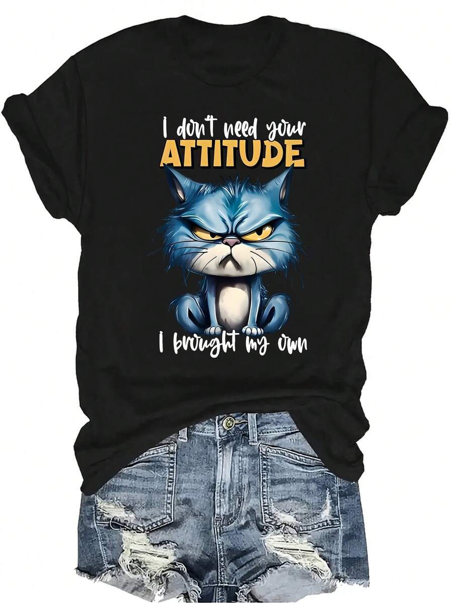 [Camiseta de Moda Casual] Camiseta de Mujer Suave y Cómoda - Actitud de Gato G-Rumpy Casual de Manga Corta y Cuello Redondo, Regalo Perfecto para Abuela y Mamá, Uso Casual de Primavera y Verano - Negro - Ver 1