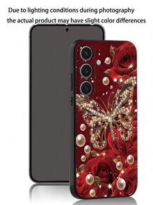 1pc Beautiful Red Rose & Butterfly Pearl Shockproof Anti-Slip Black Phone Case Compatible With Galaxy A04e/A05s/A13/A14/A15/A34/A35/A50/A52/A53/A54/S21/S22/S23/S24/S25/S25Ultra, 2D Image Design
