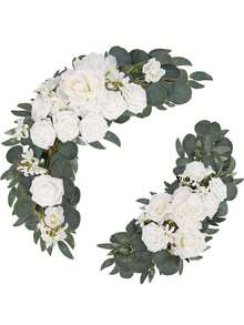 2pcs Artificial Rose Flower Swag Wedding Arch Decor - Realistic White Roses & Greenery Plastic Garland For Wedding Reception Backdrop, Table Decor, Welcome Sign Wedding Decorations, Tabletop Decoration, Elegant Decor, Nobattery Decor - trắng - Xem 7