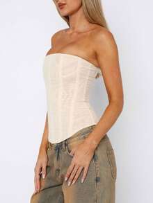 Women Y2k Strapless Bustier Corset Back Zip Mesh Boned Bodyshaper Tube Top Going Out Bustier Tops - Màu be - Xem 4