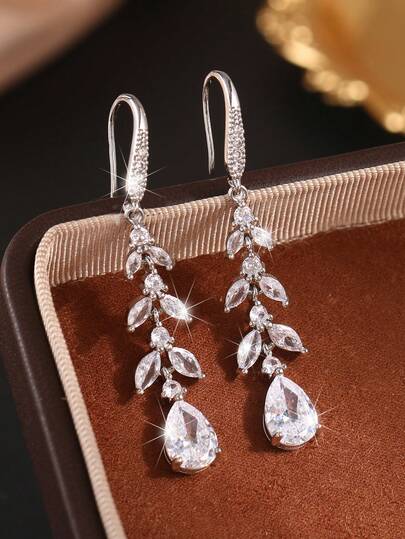 2 件叶子长吊坠耳环女式镀银方晶锆石耳环奢华新娘婚礼珠宝订婚周年礼物送给女朋友妻子情侣情人节