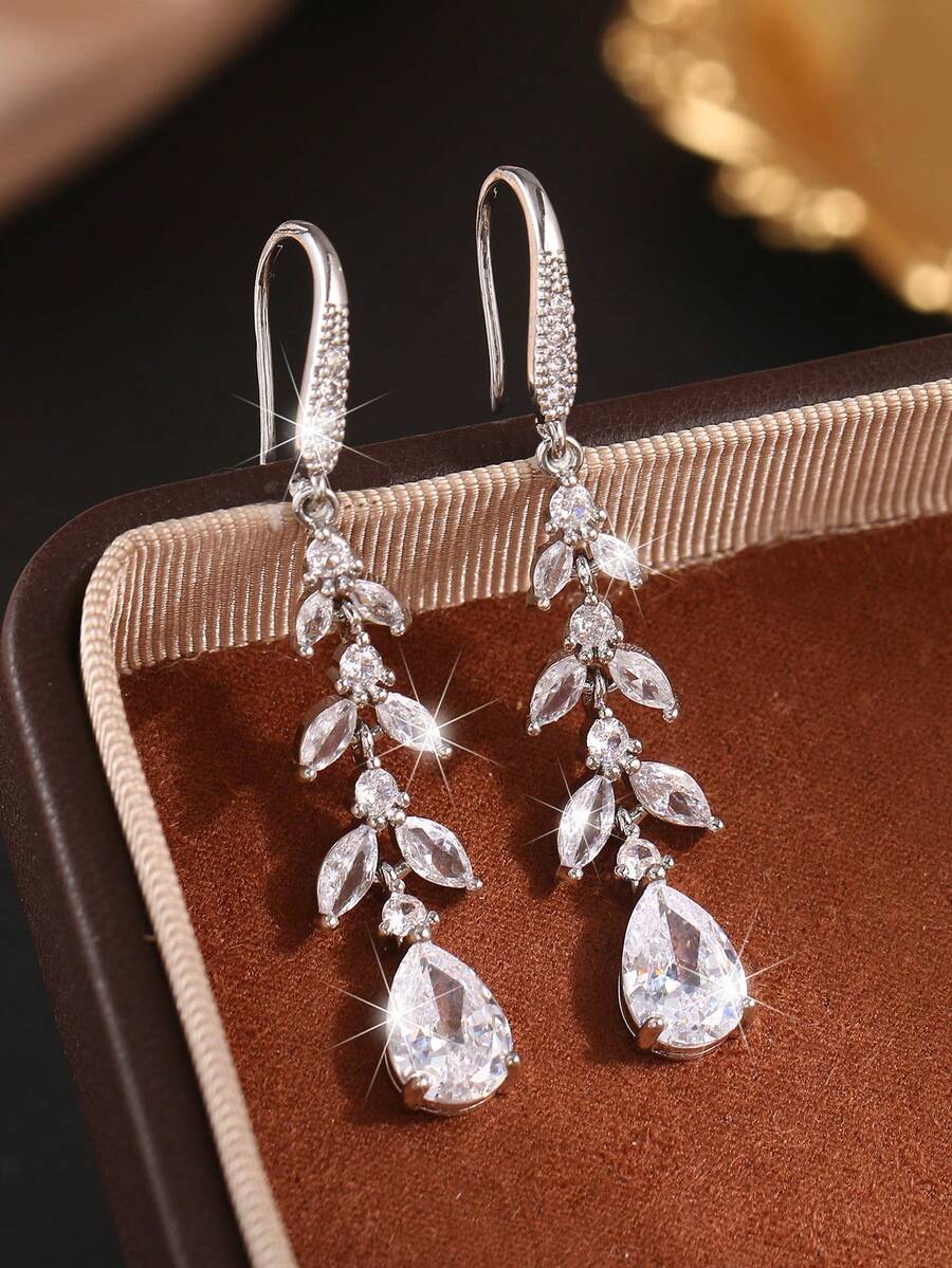 2 件叶子长吊坠耳环女式镀银方晶锆石耳环奢华新娘婚礼珠宝订婚周年礼物送给女朋友妻子情侣情人节 - 銀色 - 查看 1