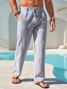 Men's Elastic Waist Beach Joggers Linen Cotton Drawstring Closure Lightweight Loose Style Yoga Ready - Grey - View 1