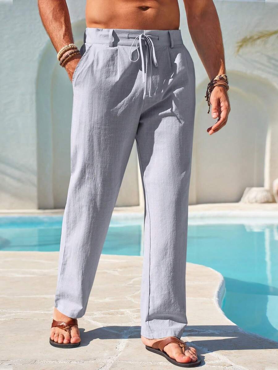 Men's Elastic Waist Beach Joggers Linen Cotton Drawstring Closure Lightweight Loose Style Yoga Ready - Grey - View 1