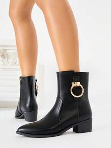 Bottines noires à boucle, à fermeture éclair latérale, à talon compensé, à bout pointu, chaudes et confortables, pour le bureau, pour femmes - Noir - Voir 2