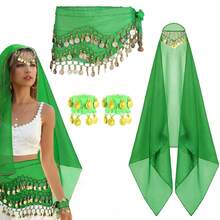 Belly Dance Set Belly Dance Chiffon Hip Scarf, Bandana Wrist Bracelet Dance Accessories With Gold Coins - Multicolor - View 8