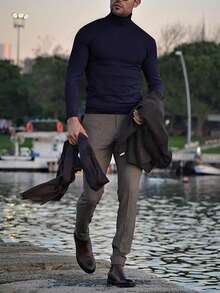 男士纯色保暖内衬高领长袖 T 恤，舒适保暖，适合秋冬季