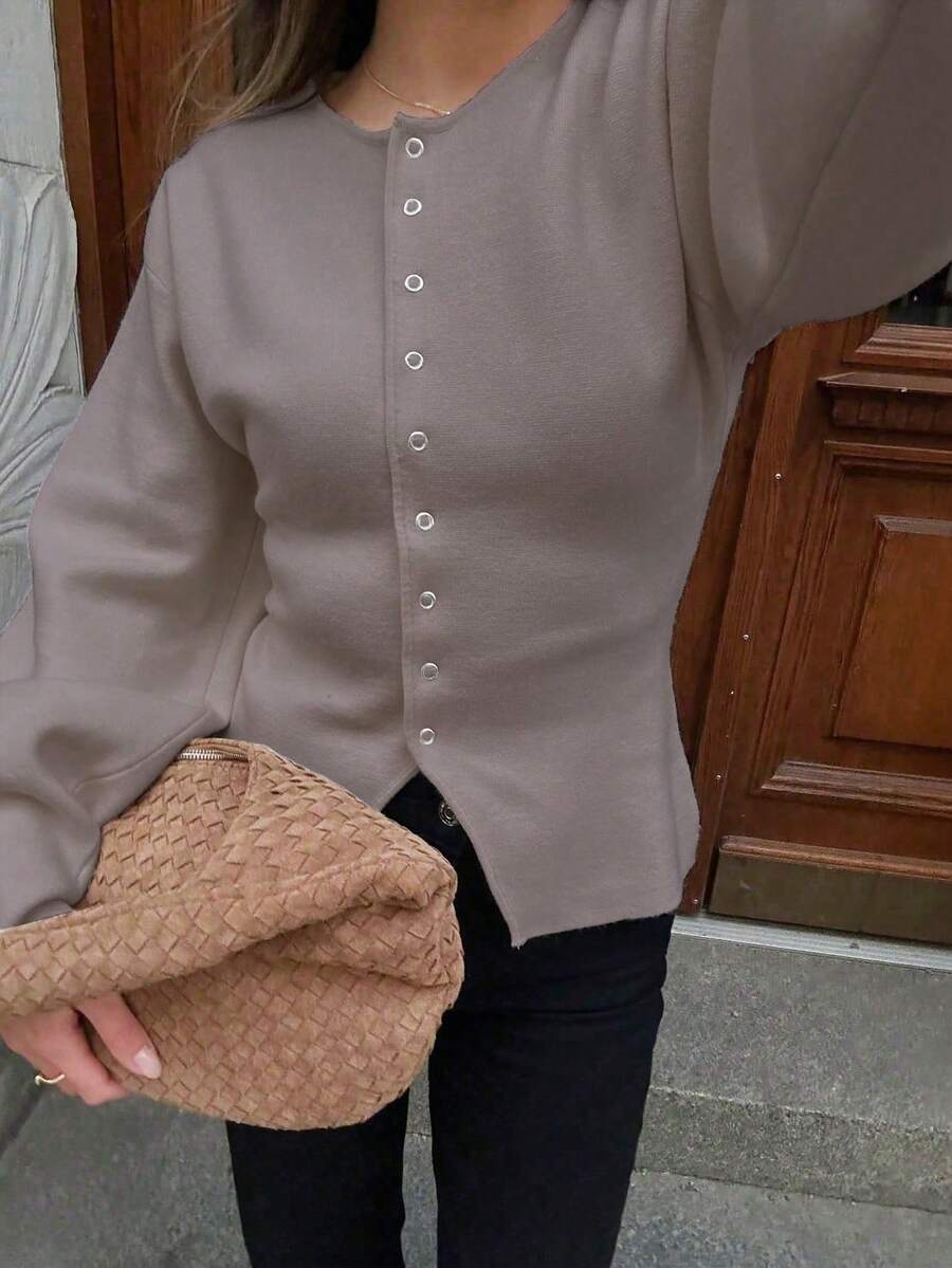 女装秋冬新款法式浪漫休闲百搭简约优雅针织开衫 - 淺灰紫 - 查看 1