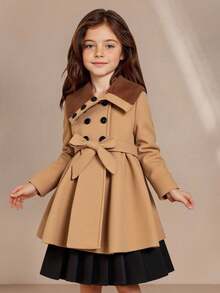 SHEIN 年轻女孩博格领双排扣束带大衣 - 卡其色 - 查看 5