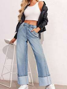 Womens Baggy Jeans Boyfriend Wide Leg Denim Pants Mid Rise Casual Cuffed Hem Jeans With Pockets Fall Outdoor Sweatpants Camping Outfit - 淺藍色 - 查看 4