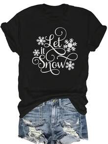 [Camiseta de Moda Casual] Camiseta de Mujer Suave y Cómoda - Decoración de Invierno "Deja que Nieve", Manga Corta, Cuello Redondo, Regalo Perfecto para Abuela y Mamá, Uso Casual de Primavera y Verano - Negro - Ver 1