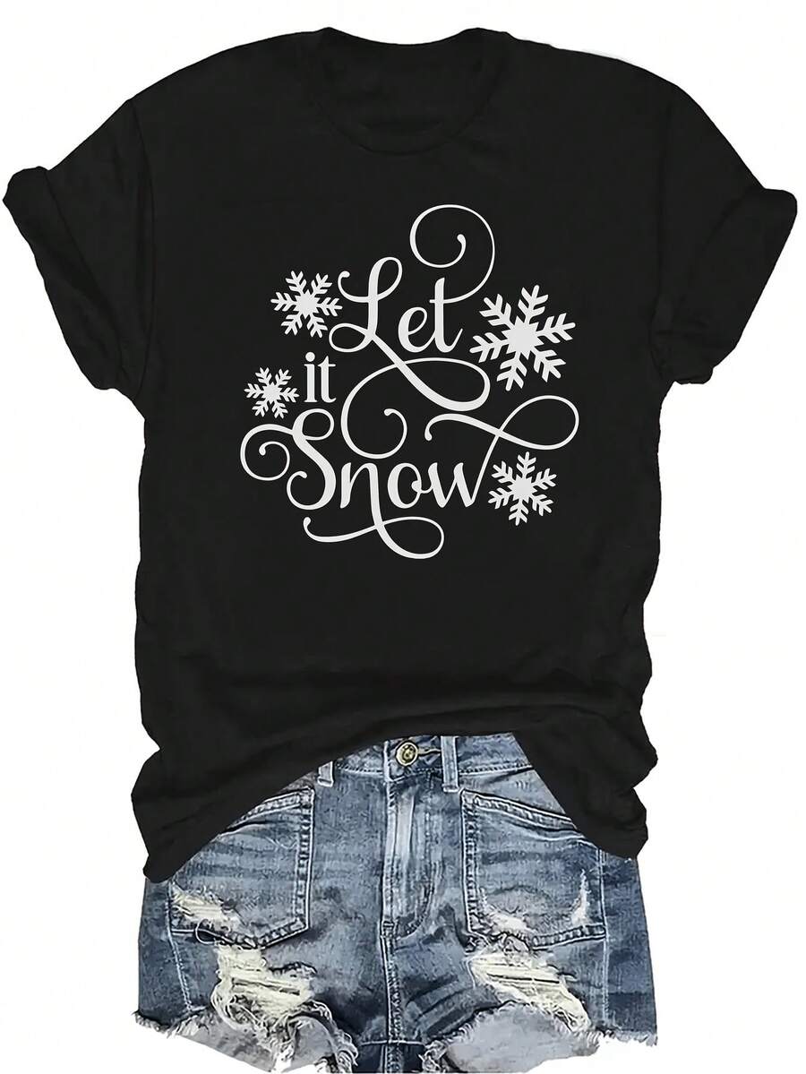 [Camiseta de Moda Casual] Camiseta de Mujer Suave y Cómoda - Decoración de Invierno "Deja que Nieve", Manga Corta, Cuello Redondo, Regalo Perfecto para Abuela y Mamá, Uso Casual de Primavera y Verano - Negro - Ver 1
