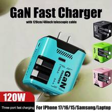 W&O Bộ sạc điện thoại 120W mới năm 2025, Bộ sạc nhanh GaN - Nâng cao trải nghiệm sạc của bạn một cách dễ dàng: Bộ sạc du lịch gấp gọn USB-C hiệu quả với 2 dây cáp, với 1 cổng Type C - Thích hợp để sạc nhiều thiết bị điện tử khác nhau, Cáp thu gọn 120cm/47 inch, Công suất đầu ra cao nhiều cổng cho gia đình, văn phòng - Xem 1