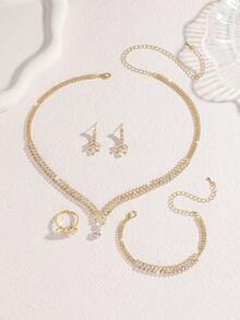 5 件奢华锆石叶形项链、耳环、手链、戒指首饰套装，优雅时尚，适合婚礼、派对、日常通勤 - 金色 - 查看 5