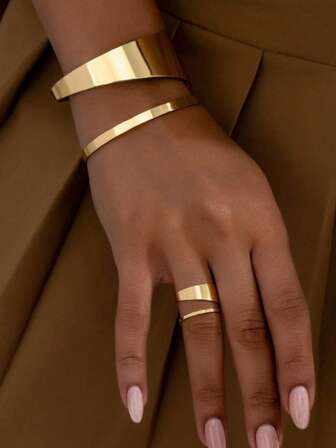 1 Set Minimalist Geometric Hollow Double-Layer Chain Bracelet And Ring Jewelry Set, Suitable For Women, Holiday Gift