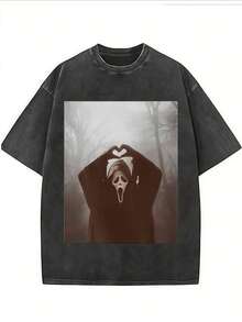 Halloween Men's Vintage Washed T-Shirts Scream Ghostface Making Heart Shape Print Round Neck Short-Sleeved Tee, Fashionable Pure Cotton For Summer - 黑色 - 查看 1