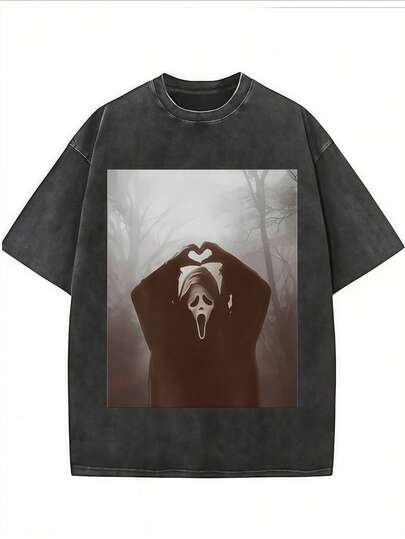 Halloween Men's Vintage Washed T-Shirts Scream Ghostface Making Heart Shape Print Round Neck Short-Sleeved Tee, Fashionable Pure Cotton For Summer