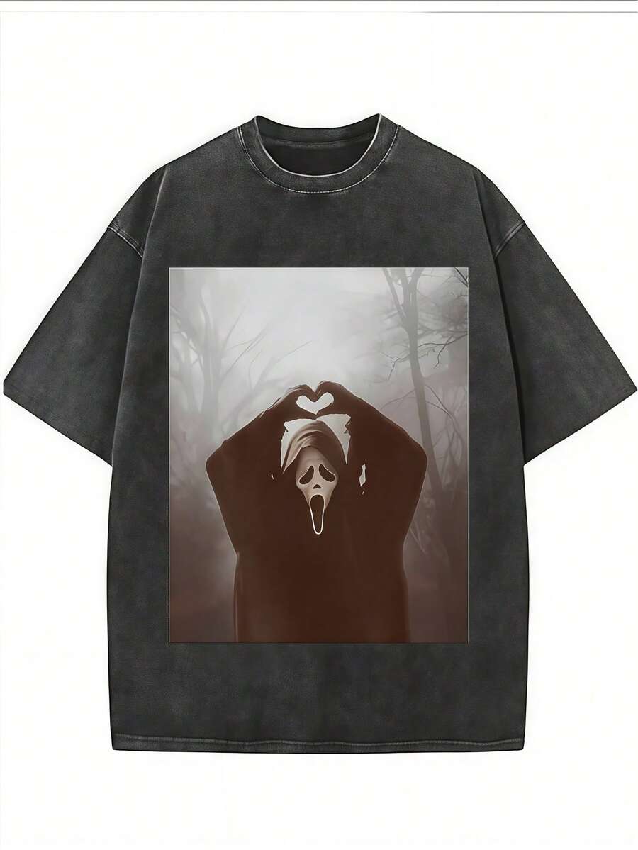 Halloween Men's Vintage Washed T-Shirts Scream Ghostface Making Heart Shape Print Round Neck Short-Sleeved Tee, Fashionable Pure Cotton For Summer - 黑色 - 查看 1