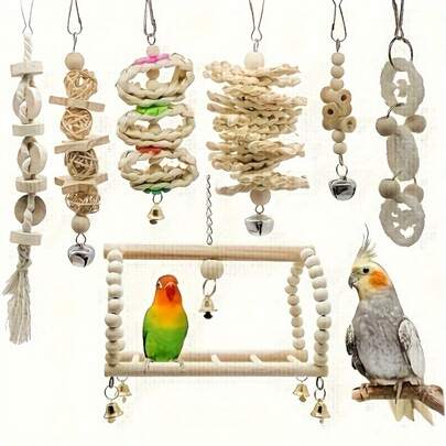 7pcs Wooden Bird Parrot Rocking Chew Toys, Hanging Bell Bird Cage Toys, Accessories For Decorating Bird Cages, A Good Helper For Training Parrots, Bird Chewing And Grinding Toys
