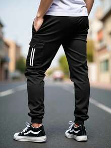 1pc Men's Casual Drawstring Waist Striped Patchwork Big Pocket Ankle Length Pants, Fall