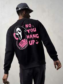 男士骷髅字母印花落肩卫衣，适合万圣节和秋季穿着 - 黑色 - 查看 1