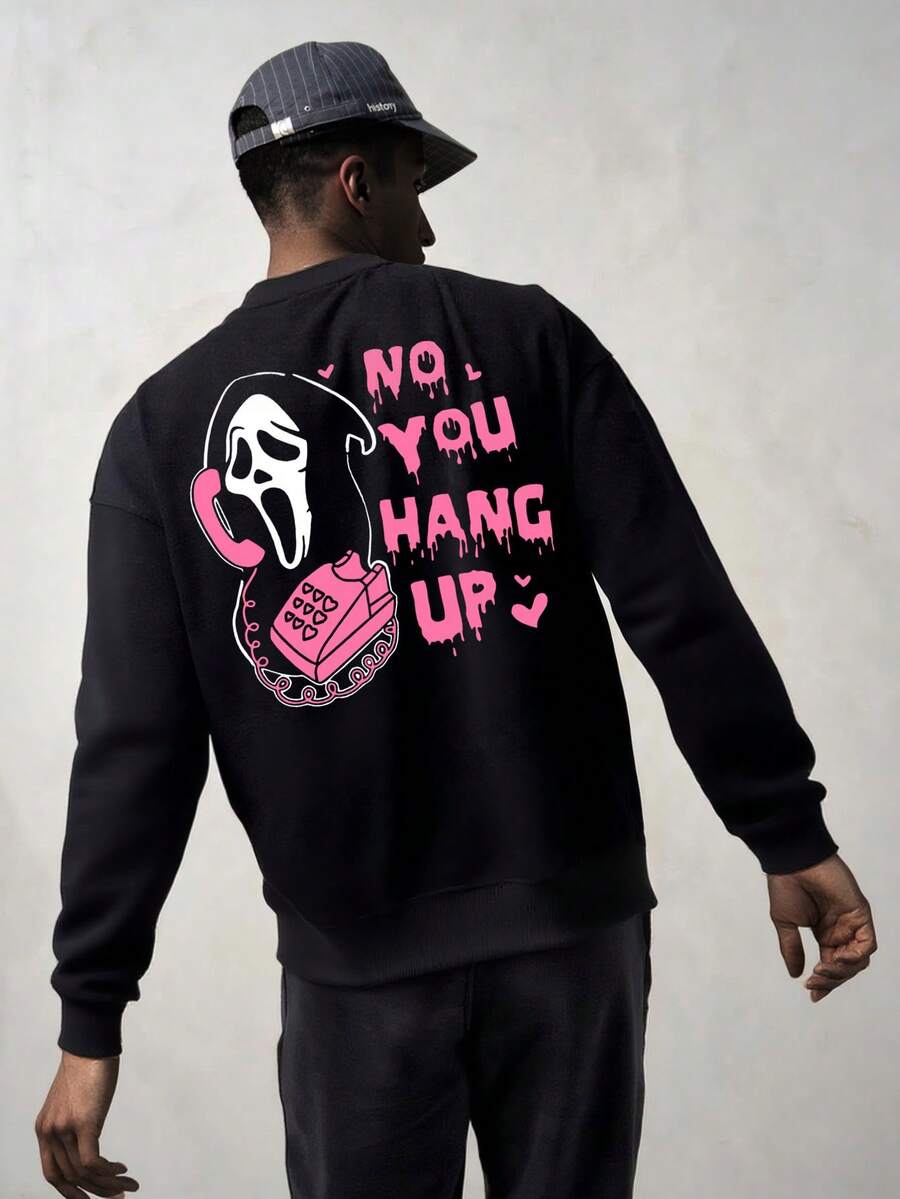 男士骷髅字母印花落肩卫衣，适合万圣节和秋季穿着 - 黑色 - 查看 1