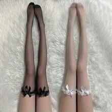 Black And White Sexy Over-The-Knee Stockings For Women Sweet Lolita Style Bowknot Thigh-High Fishnet Stockings Gothic Punk Lace Mesh Leggings - màu đen - Xem 1
