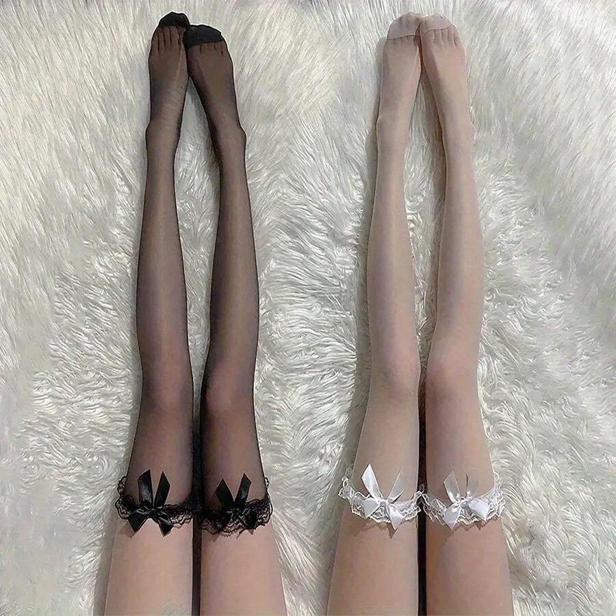 Black And White Sexy Over-The-Knee Stockings For Women Sweet Lolita Style Bowknot Thigh-High Fishnet Stockings Gothic Punk Lace Mesh Leggings - màu đen - Xem 1