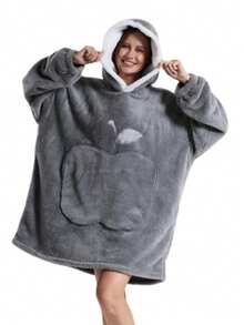 1pc Cozy Plush Fleece Hooded Blanket Sweatshirt - Reversible Oversized Unisex Adult Wearable Throw With Big Pocket, Light Gray, Hand Wash Only, Perfect Gift For Mom, Cute Sweater, Winter Warmth, Playful Fruit Design, Comfortable Fabric, Winter Comfort,Comfortable Flannel, A Must-Have For Halloween And Christmas, Nightgown, Warm And Cold-Proof