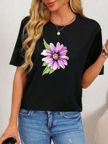 Flowers503 Flowers503 Camiseta de Ropa para Mujeres, Camisetas de Manga Corta para Correr y Ocio Adecuadas para la Parte Superior del Cuerpo, Moda de Algodón Premium, Camisetas de Cuello Redondo con Estampado Gráfico-365T, Camisetas de Cuello Redondo de Algodón Ligero con Estampado de Doodle-365T - Negro - Ver 4