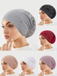 1pc Fashionable Crystal Embellished Linen Headscarf/Hijab Cap For Women, Muslim Underscarf Headwear