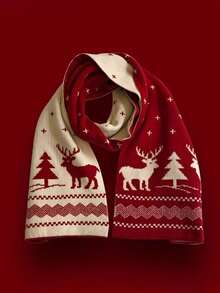 1 pieza Bufanda con tema navideño, bufanda roja con diseño de árbol de Navidad y renos, regalo de vacaciones navideñas