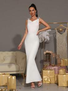 New Black Sexy Sleeveless Backless Heavy Industry Luxury Diamond Tight Long Bandage Dress Elegant Ladies Formal Dinner Party Dress - White - View 4