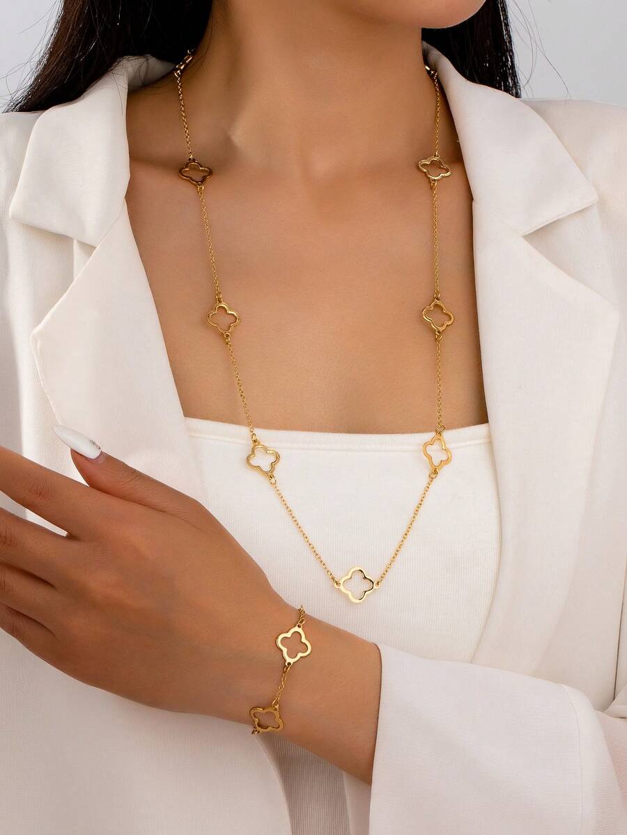 1 Set Fashionable European & American Style Glossy Hollow Clover Bracelet & Necklace Jewelry Set For Women