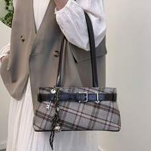 Vintage Plaid Shoulder Bag| Checkered Tote With Pendant, Perfect For Commute, Shopping & Holiday Gifts - Coffee - View 6