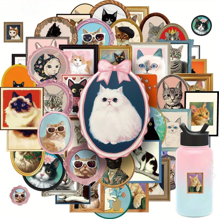 50 Cute Cat Stickers - Floral And Eyeglass Patterns, Pastel Tones - Matte Texture, No Residue - Suitable For Laptops, Water Bottles, Scrapbooks - The Perfect Gift For Cat Lovers And Stationery Collectors, Cat-Themed Design, Reusable Adhesive Stickers - 1 - 查看 1