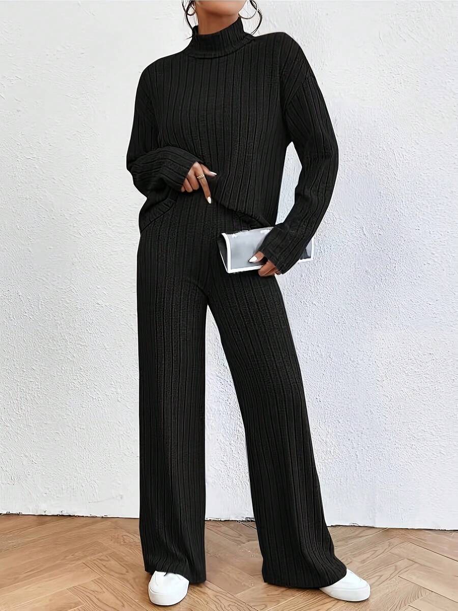 Solid Ribbed Two-Piece Set, Casual Mock Neck T-Shirt & Wide Leg Pants Outfits, Women's Clothing - màu đen - Xem 1
