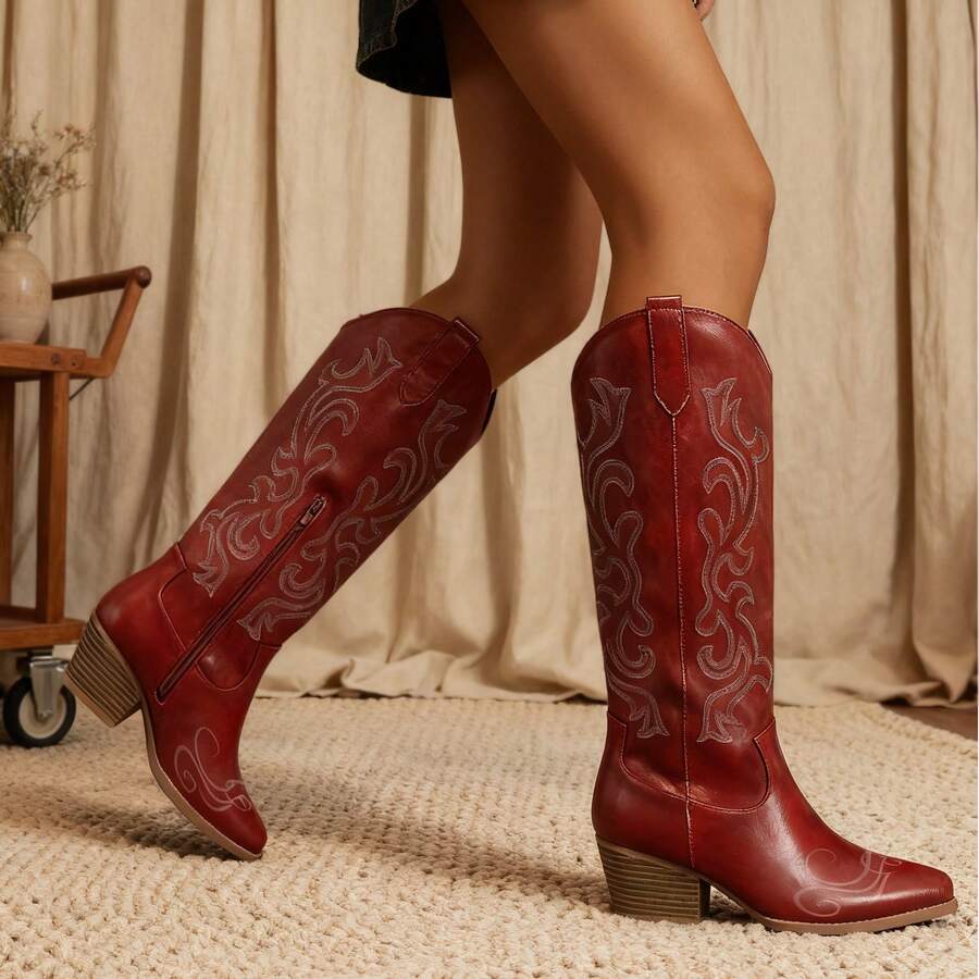 New Women Western Cowgirl Boots, Pointed Toe Embroidered Thick Heel Mid-Calf Fashion Boots - 紅色 - 查看 1