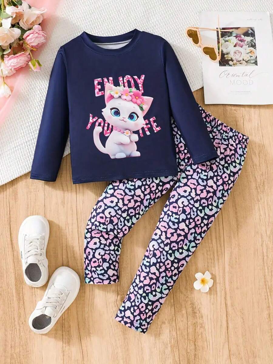 2pcs/Set Girls Cute Cartoon Cat & Letter Print Long Sleeve T-Shirt And Floral Pattern Pants Set, Round Neck, Regular Fit, Spring/Autumn, Suitable For Casual Outdoor