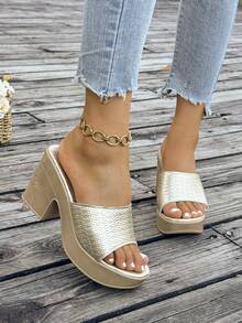 Women's Summer New Fashion Metallic Color Open Toe Slip-On Casual Vacation Beach Platform High Heel Sandals